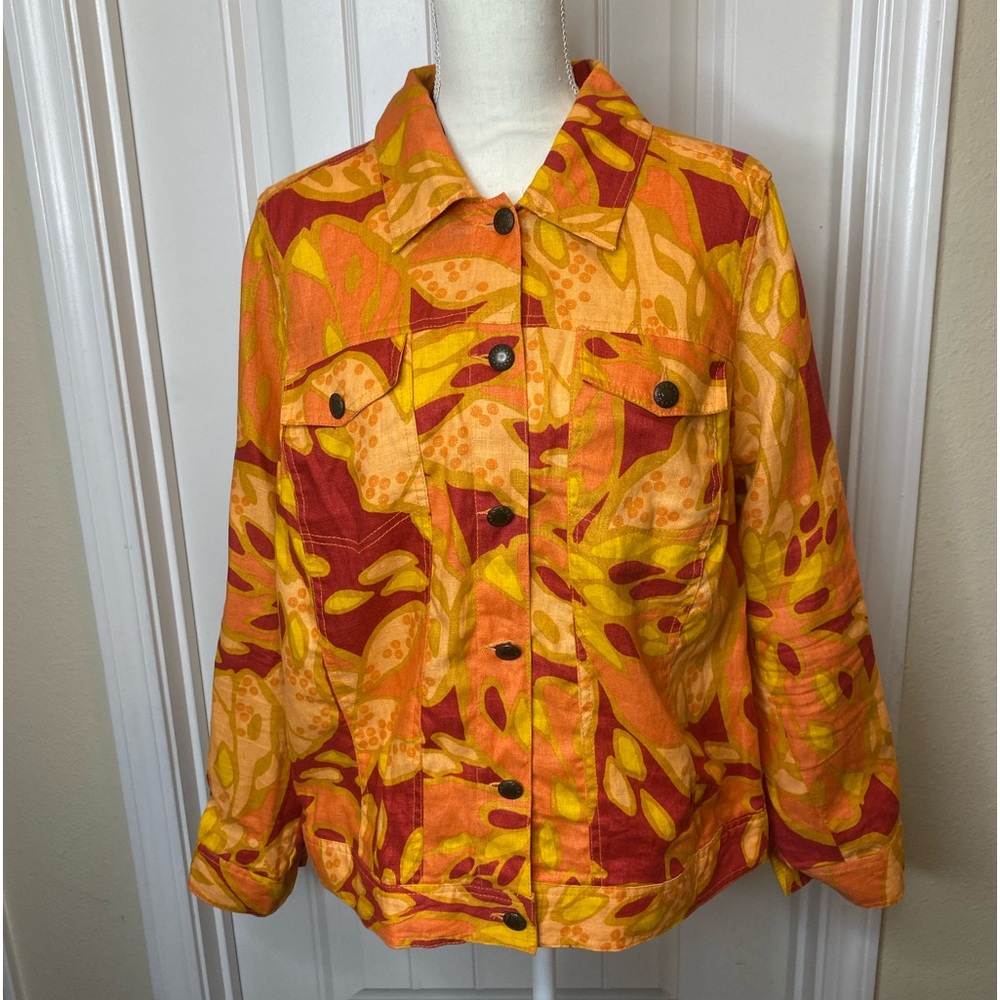 Lucy and Laurel Lightweight Blazer Jacket Orange Geo Pattern Women’s 1X EUC